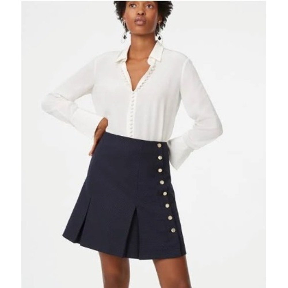 Club Monaco Side Button Pleated A Line Skirt Womens 10 Navy Blue Office NWT